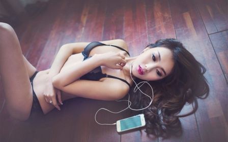 Iphone Listening Music Hot Asian Girl On Floor