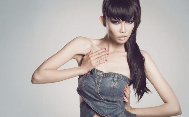 Long Hair Girl Denim Skirt Hands On Boobs