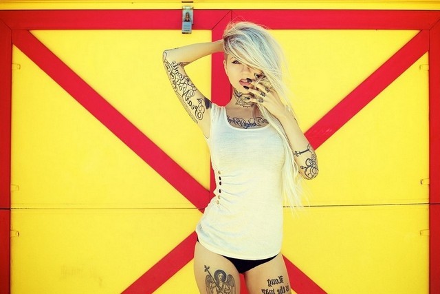 Lovely Blonde Girl Model Tattoos Sexy Black Panties