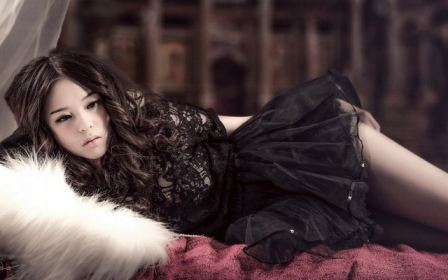 Lovley Asian Girl Bed Black Sexy Dress