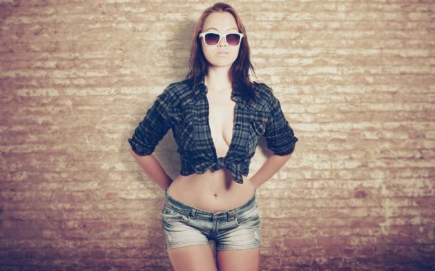Open Shirt Girl Tits Sunglasses Shorts Brick Wall