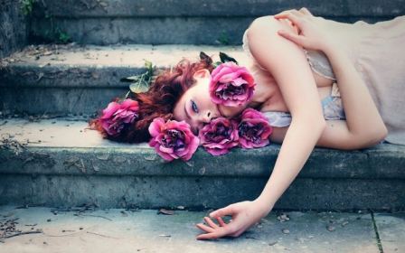 Redhead Girl Flowers Lying On Stairs Steps Roses