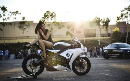 Sexy Asian Girl Long Legs On Superbike Sunshine High Heels