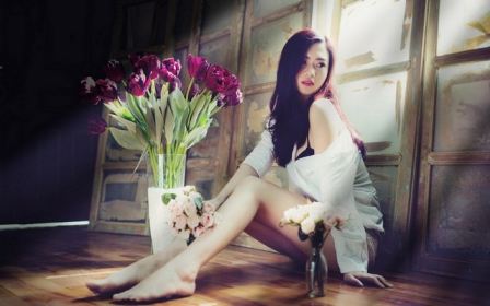 Sexy Legs Asian Girl Flowers Tulips