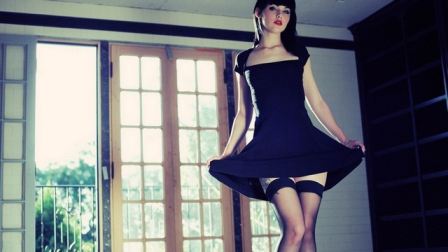 Short Dress Pulled Up Black Stockings Leg Tattoo Girl