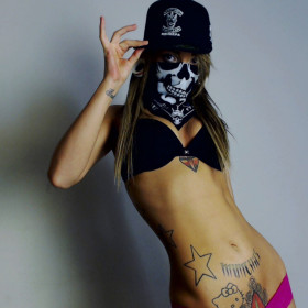 Skull Scarf Cap Black Bra Hello Kitty Tattoo Abdomen X