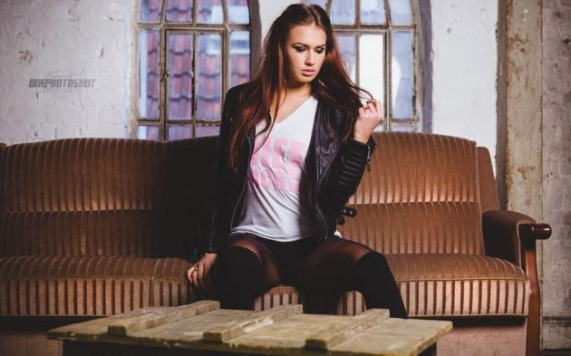 Sofa Stockings Pink Text Shirt Girl Long Hair Legs