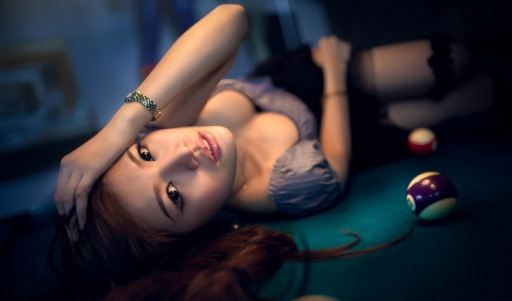 Table Balls Asian Pantyhose Lying Erotic On Pool Girl