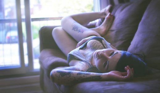 Tattooed Boobs Babe Sofa On