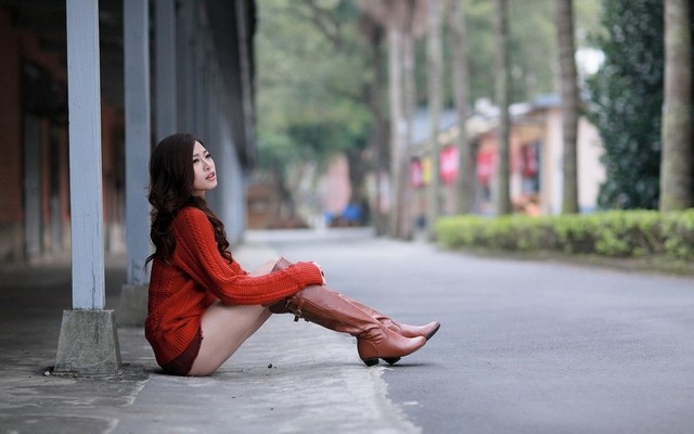 Asian Girl Long Brown Boots Shorts Ass On Concrete