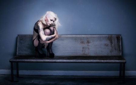 Bench Sexy Blonde Girl Style Underwear Stockings Tattoos