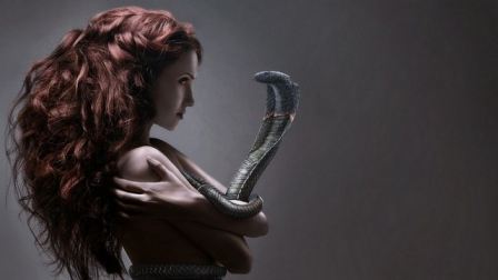 Cobra Snake Around Her Body Sexy Curly Hair Girl