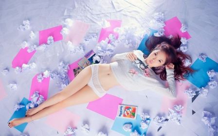 Exciting Underwear Asian Girl Glasses Colorful Papers