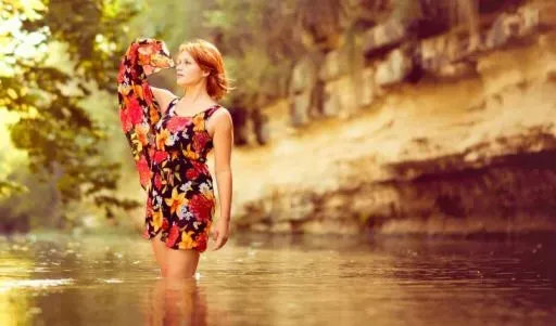 girl pose flowers dress sexy redhead